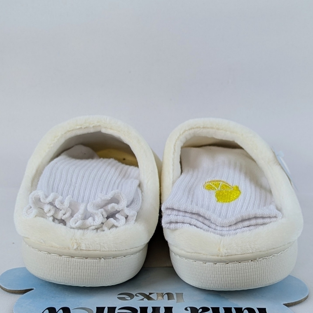 Slippers Lemon Drop Martini Embroidery Faux Fur Slip On Ivory L (8-9) NWT - Picture 8 of 13